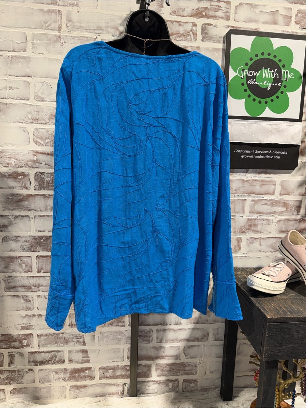 Peace love world Women’s Blue V-Neck Long Sleeve Top - Picture 4 of 6